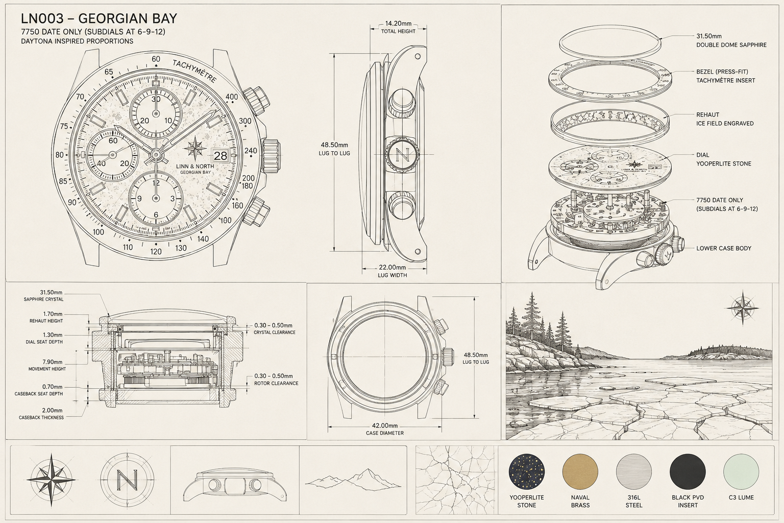 LN003 Georgian Bay technical drawing showing case dimensions, exploded assembly, and material details