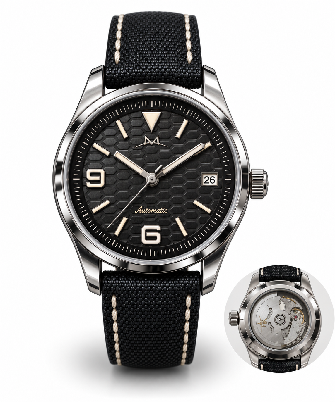 Meridian Charlevoix Minuit watch with black hexagonal-texture dial, cream numerals and markers, stainless steel case and black stitched leather strap, with exhibition caseback detail