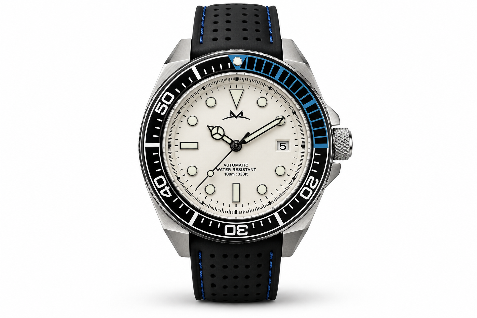 Hibernia Écume by Linn & North, with an ivory dial, angular stainless-steel case, black rotating bezel with blue accents and black perforated strap with blue stitching