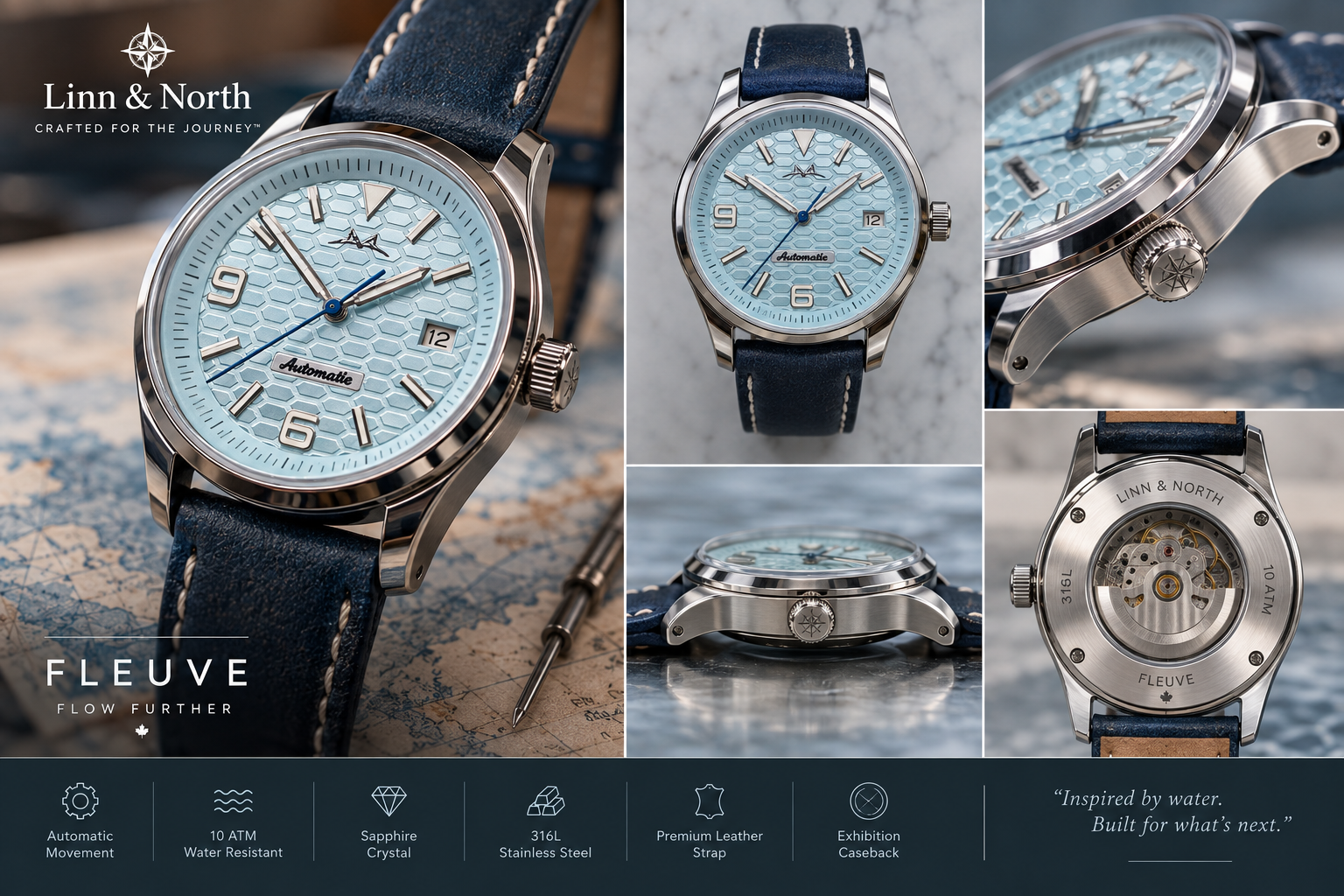 Meridian Charlevoix Fleuve sell sheet showing front, side and exhibition caseback views with product highlights