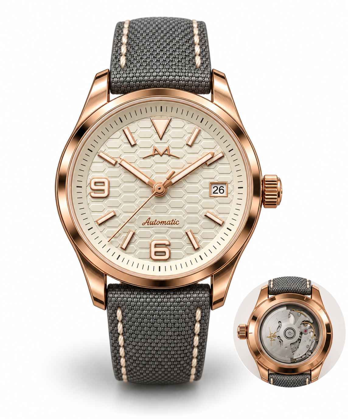 Meridian Charlevoix Aube watch with ivory geometric dial, rose-gold details and grey woven strap, front catalog view with exhibition caseback inset