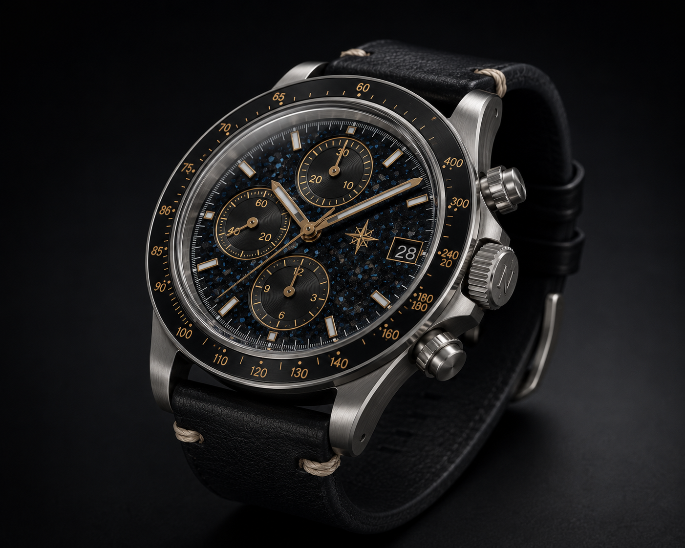 LN003 Georgian Bay chronograph with natural Canadian shield fluorescing syenite stone (yooperlite) dial and naval brass accents