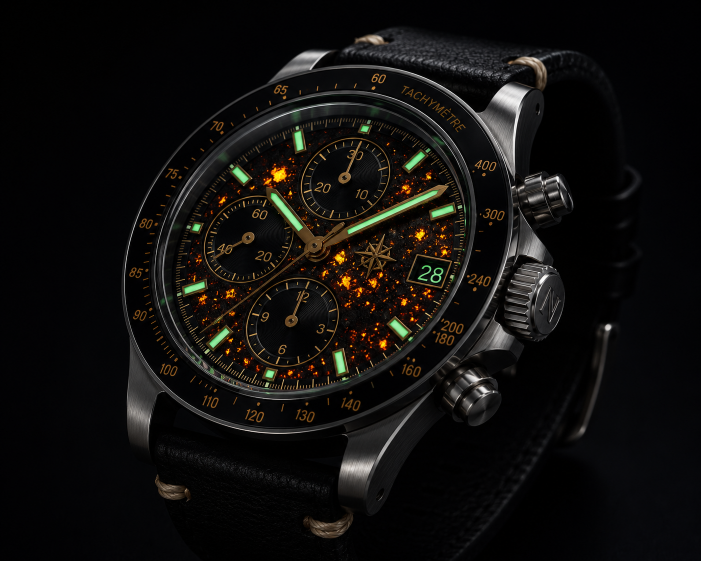 LN003 Georgian Bay chronograph under UV light, revealing the fluorescing syenite stone dial