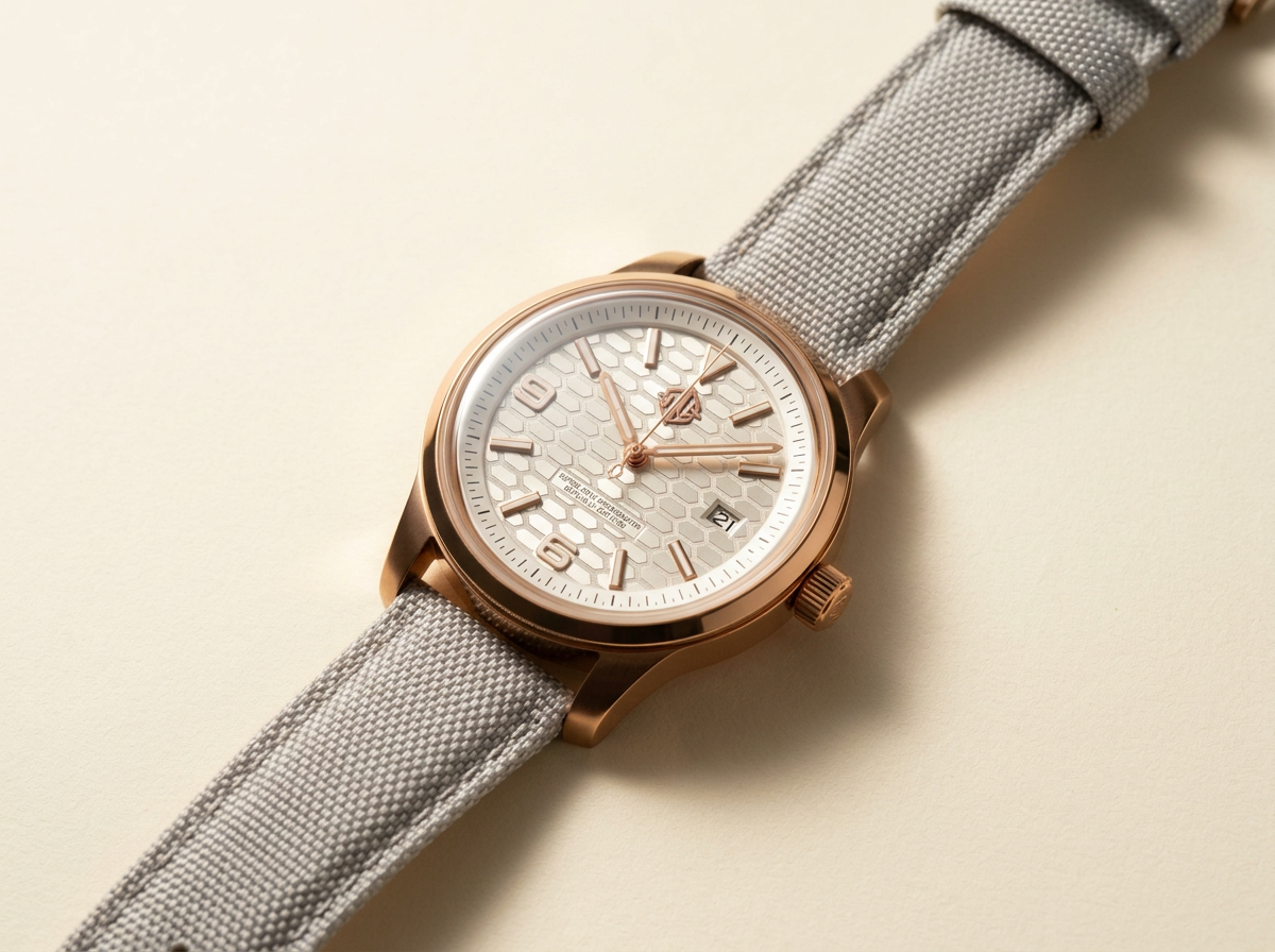 Meridian Compass prototype — champagne textured dial, polished steel case, grey woven strap