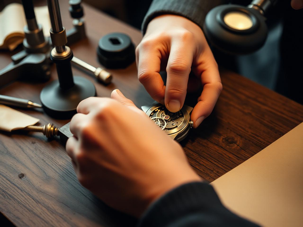 A watchmaker regulating a mechanical movement at a workbench