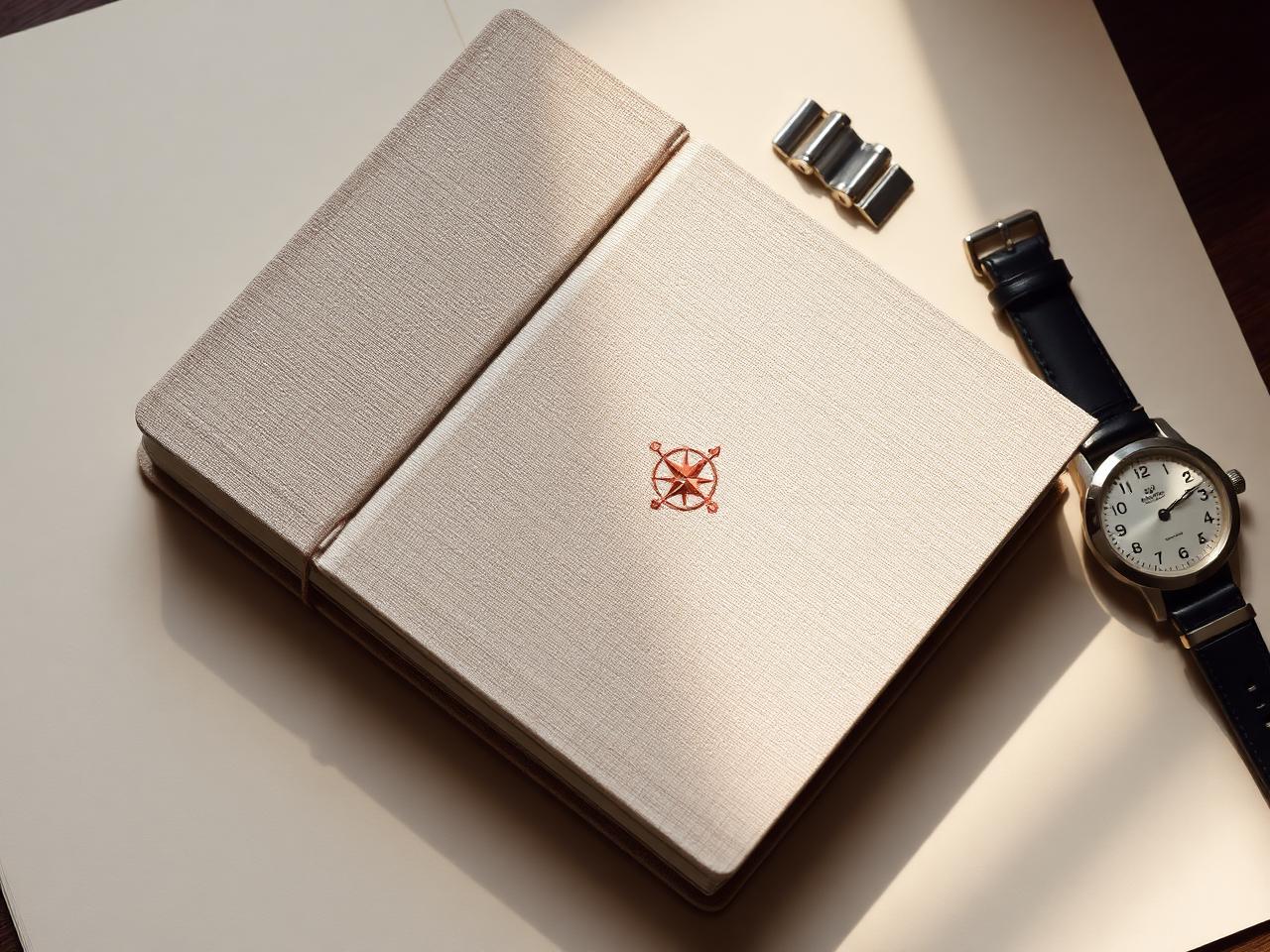 A linen-bound Journey Book with a rose-gold compass mark beside a mechanical watch