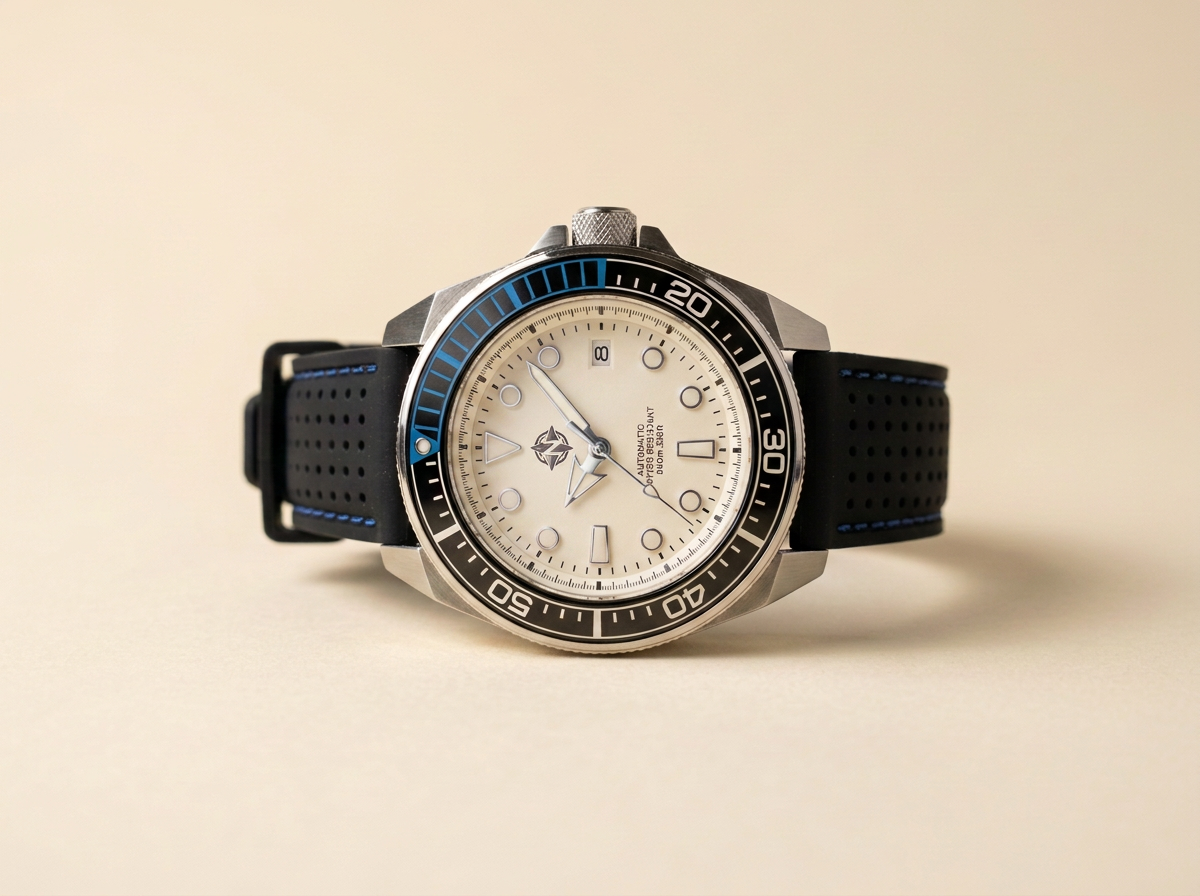 Meridian Diver prototype — full-lume dial, black dive bezel, silver hands and markers
