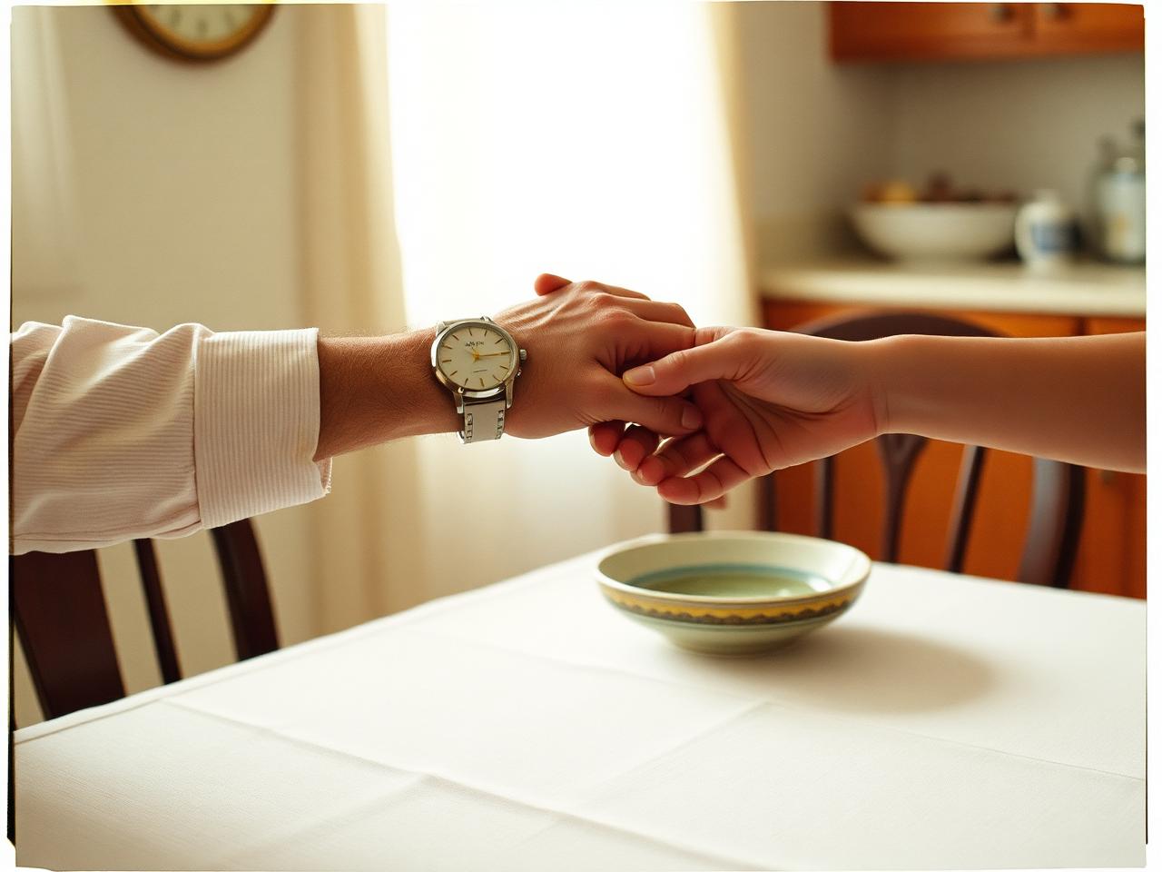 An older hand passing a mechanical watch to a younger hand across a table